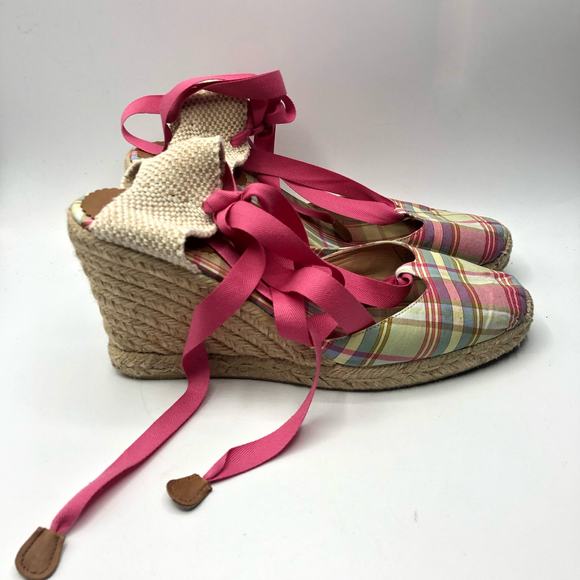 J.Crew Women's Pink Plaid Canvas Lace Up Wedges Size 9 - Picture 4 of 9
